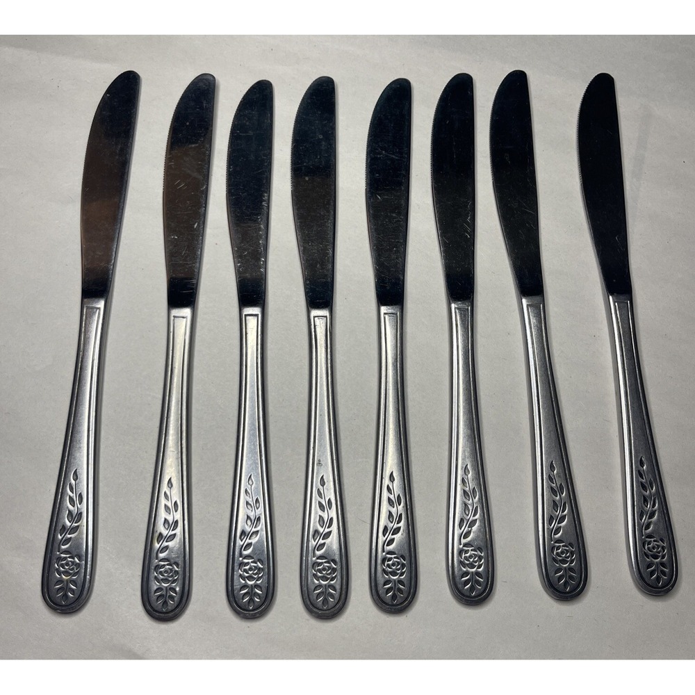 8 Vintage Rogers Co Floral Mist Butter Knife Stainless Flatware Silverware Korea